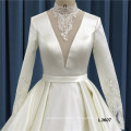 Customized simple style satin embroidery long train bridal gowns white